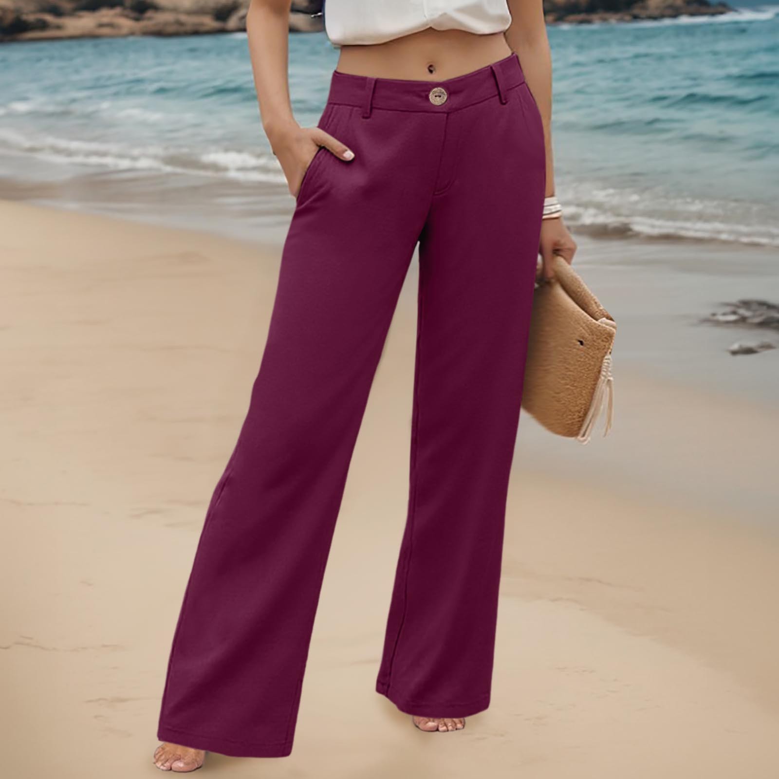 thumbnail image 2 of Pantalones palazzo de cintura alta para mujer - Pierna ancha, bolsillos - Informal/Mezcla de lino - Pantalones de moda - S-XXL, 2 of 5